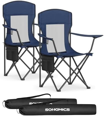 SONGMICS Breathable Camping Chairs, Foldable Outdoor Chairs Set of 2, High Back, Adjustable Armrests, Drink Holder, Weight Capacity 330 lb, for Sports Garden Backyard, Harbor Blue UGCB028Q01