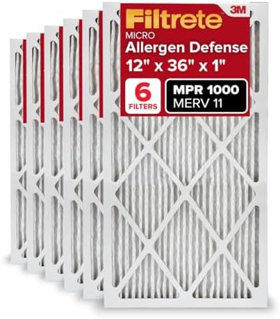 Filtrete 12x36x1 AC Furnace Air Filter, MERV 11, MPR 1000, Micro Allergen Defense, 3-Month Pleated 1-Inch Electrostatic Air Cleaning Filter, 6 Pack (Actual Size 11.69x35.69x0.81 in)