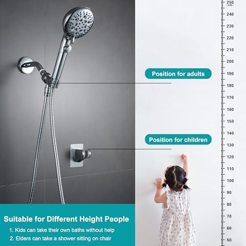 Handheld Shower Head with On Off Switch 8-Mode High Pressure Showerhead with 79 Inches Extra-long Stainless Steel Hose and Bracket PLUS Extra Low-Reach Adhesive Wall Mount for Kids,Silver…