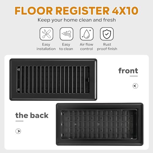 4 x10 Floor Registers, Floor Vent Covers 10 Pack, Heavy Duty Steel Walkable Vent Covers for Home Floor, Easy Adjust Air Supply Lever, for Sidewall and Floor, Black