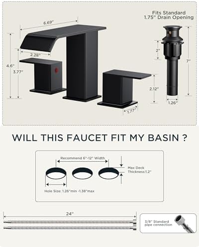 FORIOUS Matte Black Waterfall Bathroom Faucets 3 Hole, 8 Inch Widespread 2 Handles Bathroom Sink Faucet with Pop-up Drain and Flexible Hot and Cold Water Hoses, Suitable for Vanity RV Restroom