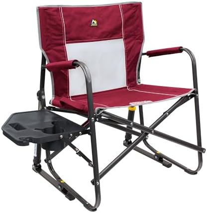 GCI OUTDOOR Freestyle Rocker XL with Side Table Camping Chair | Portable Folding Rocking Chair with Solid, Durable Armrests, Drink Holder & Comfortable Backrest — Red