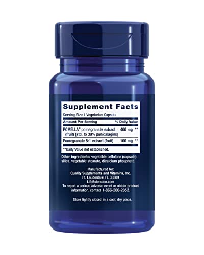 Life Extension Pomegranate Fruit Extract, 500 mg, antioxidant polyphenols for Cardiovascular Health, superfood, Gluten Free, Non-GMO, Vegetarian, 30 Capsules