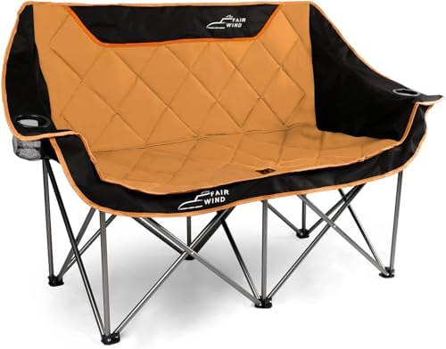 FAIR WIND Oversized Fully Padded Camping Chair Folding Loveseat Camping Couch Double Duo Chair Heavy Duty Quad Fold Arm Chair with Cup Hold - Supports 650 LBS Orange