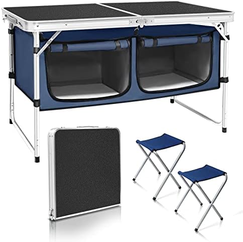 CampLand Outdoor Folding Table Aluminum Lightweight Height Adjustable with Storage Organizer for BBQ, Party, Camping