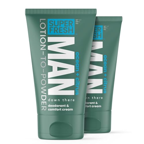 Super Fresh Ball Deodorant Powder Lotion Comfort Cream for Man Parts Groin Butt and Body Hygiene Controls Odor Stops Chafing and Itch Absorbs Sweat Aluminum Free Formula in 4 oz Twin Pack