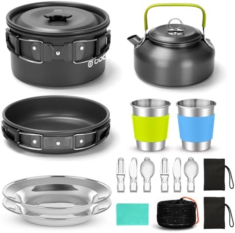 Odoland 15pcs Camping Cookware Mess Kit, Non-Stick Lightweight Pot Pan Kettle Set with Stainless Steel Cups Plates Forks Knives Spoons for Camping, Backpacking, Outdoor Cooking and Picnic