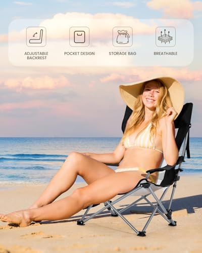 Sportneer Beach Chair: Adjustable Folding Chair with Cup Holder & Side Pocket - Portable & Compact Beach Chairs for Adults with Reclining Positions for Camping Picnic and Outdoor, Black