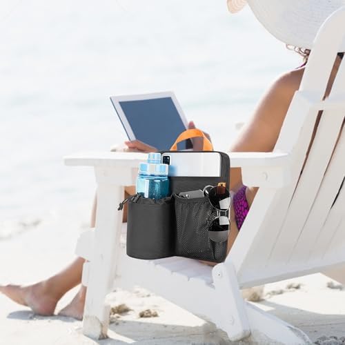 Beach Chair Cup Holder, Chair Side Organizer Easily Attached to Armrest with 2 Self-Adhesive Fastener Strap, Hanging Chair Attachment for Water Bottle, Sunglasses, Phone, Snack, etc..