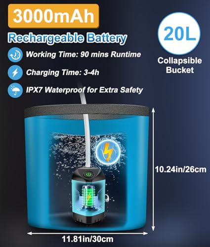 WADEO Portable Shower for Camping, Outdoor Electric Shower Rechargeable Pump with 20L Collapsible Bucket, Camping Shower Head Nozzle for Camping, Hiking, Traveling, Washing