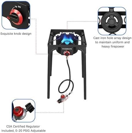 Vivicreate 30000 BTU free standing Outdoor Stove, Side burners,Camping Stove, 0-20 PSIG high pressure stove include CSA listed regulator and gas pipe