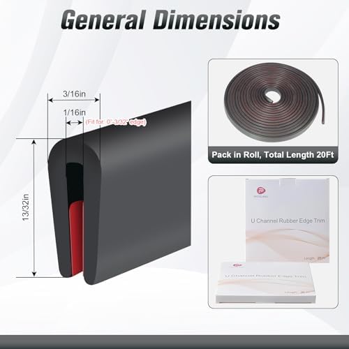 Rubber Edge Protector, Flexible U Channel Edge Trim, Peel & Stick Auto Door Guard, Black, 20Ft