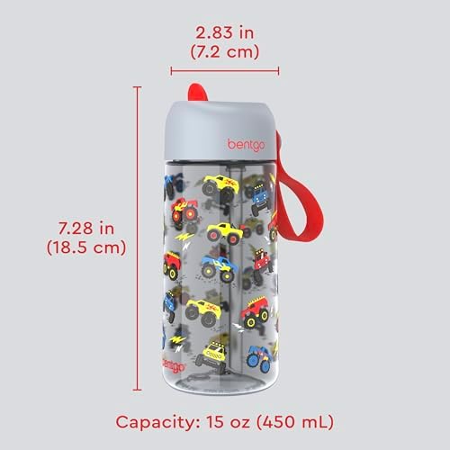Bentgo Kids Water Bottle - Leak-Proof, Durable Tritan, BPA-Free 15 oz. Cup for Kids/Toddlers Ages 3+, Safe Sip Spout, Carrying Handle, & Dishwasher Safe for School, Sports, Daycare & Camp (Trucks)