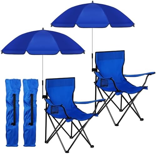 2 Pack Beach Chair with Umbrella for Adults Universal Clamp Folding Lightweight Adjustable Backpack Sling Beach Camping Chair with Cup Holder for Sand Camping Travel Outdoor Pool(Blue)