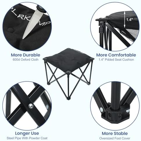 Padded Camping Stool, 18 Inch Oversized Camping Foot Rest, 500lb Camping Chairs Outdoor Footstool Portable Camping Ottoman for Camping Gardening Fishing w/Storage Net Carry Bag (2, Black)