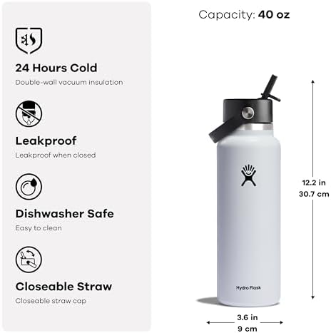 HYDRO FLASK Wide Mouth vacuum insulated stainless steel water bottle with leakproof closeable straw lid for cold water drinks, sports, travel, car and school