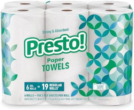 Amazon Brand - Presto! Flex-a-Size Paper Towels, 158 Sheet Huge Roll, 12 Rolls (2 Packs of 6), Equivalent to 38 Regular Rolls, White