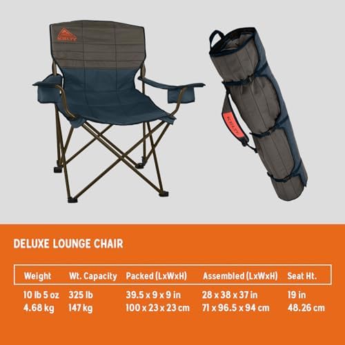 Kelty Deluxe Lounge Chair – Folding Outdoor Camp Chair, Insulated Cupholders, Customized Recline, Steel Frame, Padded Roll Storage, 2024 (Deep Lake)