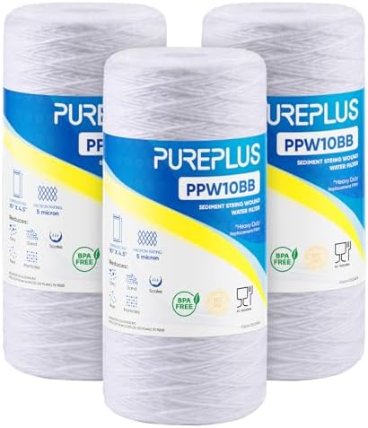 PUREPLUS 5 Micron 10 x 4.5 Whole House String Wound Sediment Filter for Well Water, Replacement Cartridge for 84637, WPX5BB97P, PC10, 355214-45, 355215-45, WP10BB97P, WP5BB97P, 3Pack