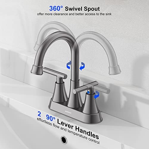 Bathroom Faucets for Sink 3 Hole, Hurran 4 inch Brushed Grey Bathroom Sink Faucet with Pop-up Drain and Supply Hoses, Stainless Steel Lead-Free Centerset Touch On Faucets for Vanity RV