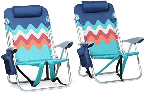 ALPHA CAMP Beach Chairs Set of 2 with Cooler Bag 4 Position Classic Lay Flat Folding with Backpack Straps Support 250LBS (Sky Blue)