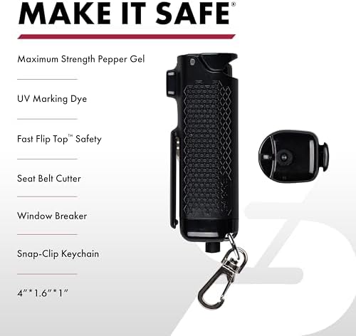 SABRE Safe Escape 3-In-1 Pepper Gel With Seat Belt Cutter & Window Breaker, Maximum Strength Pepper Spray, Snap Clip Keychain for Easy Carry & Fast Access, 0.54 fl oz, Easy to Use Fast Flip Top Safety