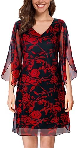 SeSe Code Womens Ruffle 3/4 Sleeve Stretchy Mesh Dress Wedding Guest Dresses