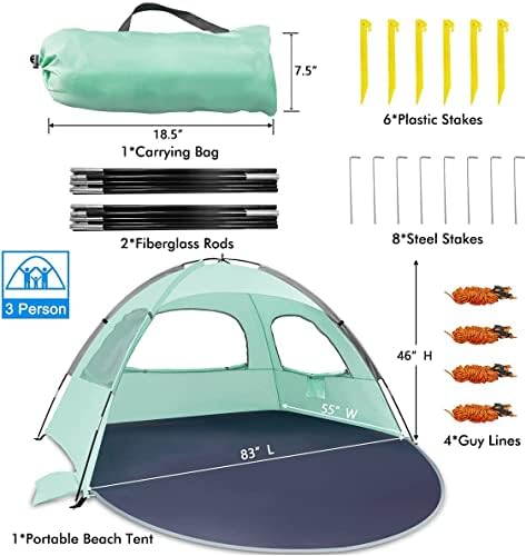 NXONE Beach Tent Sun Shade Shelter for 2-3 Person with UV Protection, Extended Floor, 3 Mesh Roll Up Windows & 8.0mm Fiberglass Rods丨Carry Bag Included (Mint Green)