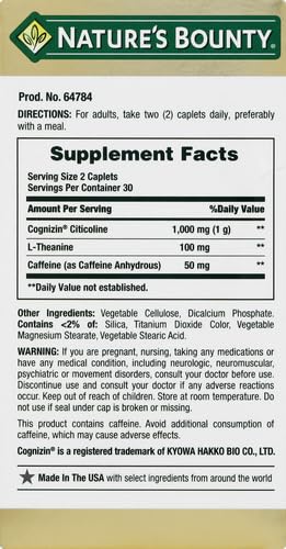 Nature's Bounty Active Mind Dietary Supplement, Supports Focus and Attention, 1000 mg Cognizin with L-Theanine and Caffeine Pills, 60 Caplets