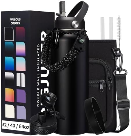 40OZ Insulated Water Bottle with Auto Spout Lids, Straw Lids, Paracord Handle for Sport, Protective Cup Mat, BPA-Free Reusable Insulated Water Bottle - Black Water Jug with Straw