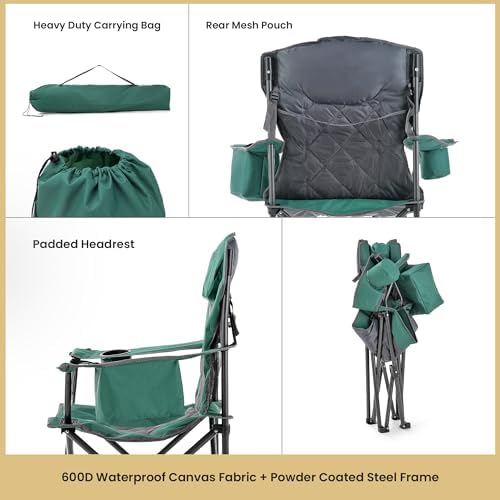 ARROWHEAD OUTDOOR Portable Folding Camping Quad Chair w/ 6-Can Cooler, Cup & Wine Glass Holders, Heavy-Duty Carrying Bag, Padded Armrests, Headrest & Seat, Supports up to 550lbs, USA-Based Support