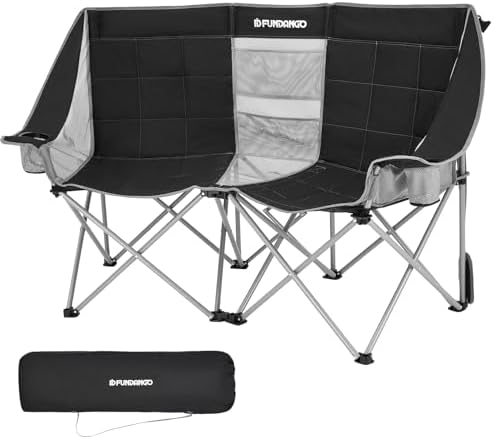 FUNDANGO Oversized Double Camping Chair, 660lbs Heavy Duty 2 Person Folding Padded Loveseat for Adults with Arm Cup Holder for Outdoor Patio Lawn Camp with Carry Bag (Black/Grey)