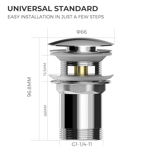 VANCOCO Washbasin Waste Set with Overflow (chrome), Universal Siphon Washbasin with pop-up Waste Valve, Brass Washbasin Waste Set