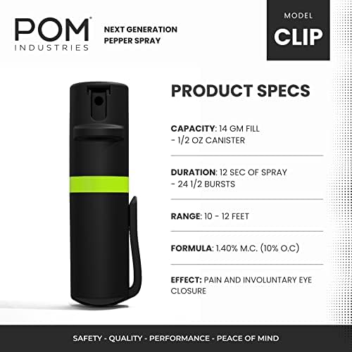 POM Pepper Spray Pocket Clip, Quick Flip Top Safety, Maximum Strength OC Formula with UV Marking Dye, Safe Compact and Tactical Design for Everyday Carry, 25 Bursts, 10 ft Range, 0.5 fl oz