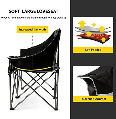 FAIR WIND Oversized Fully Padded Camping Chair Folding Loveseat Camping Couch Double Duo Chair Heavy Duty Quad Fold Arm Chair with Cup Hold - Supports 650 LBS Black