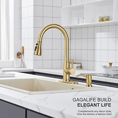 GAGALIFE Built in Sink Soap Dispenser or Lotion Dispenser for Kitchen Sink, Brushed Gold ABS Pump Head, with 17 Ounce Large PET Soap Bottle