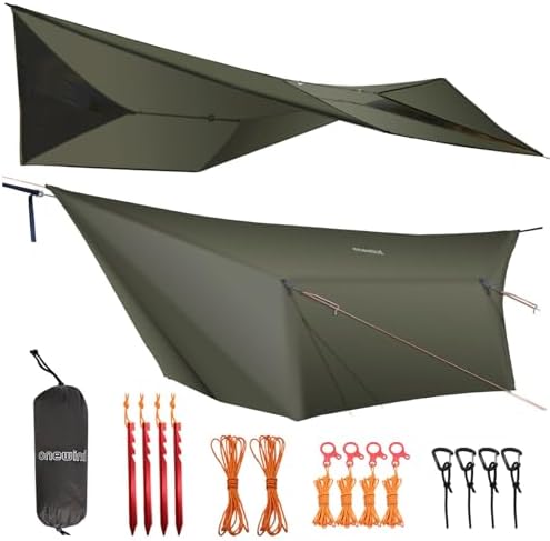 onewind 12×10 ft Hammock Tarp, Ultralight Tarp Silnylon Hammock Rain Fly Lightweight Waterproof Camping Tent Tarp with Doors, Easy to Setup with Stuff Sack, Tent Stakes, OD Green