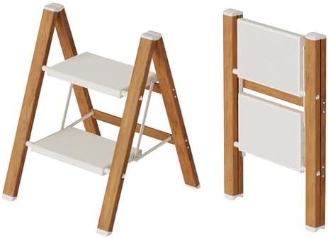 2 Step Lightweight Aluminum Folding Ladder, Portable Step Stool with Anti-Slip Pedals, 330 lbs Capacity for Home, Office, Kitchen(White&Woodgrain)