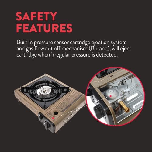 Gas One Propane or Butane Stove GS-3400P Dual Fuel Portable Camping and Backpacking Gas Stove Burner with Carrying Case Great for Emergency Preparedness Kit (Gold) (Stove + 4 Butane Fuel)