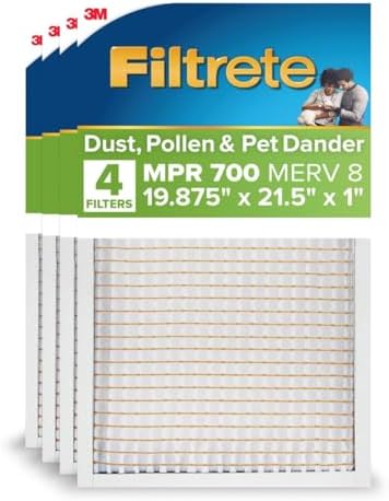 Filtrete 19.875x21.5x1 AC Furnace Air Filter, MERV 8, MPR 700, Tough on Pollen, Easy on Airflow, 3-Month Pleated 1-Inch Electrostatic Air Cleaning Filter, 4-Pack (Actual Size 19.56 x 21.19 x 0.81 in)