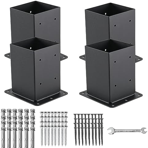 4x4 Post Base 4 Pcs, (Inner Size 3.6x3.6) Post Anchors, 13GA Thick Solid Steel & Black Powder Coated,Deck Post Brackets Support Deck Base Plate Pergola Brackets Fence Kit Mailbox Mount