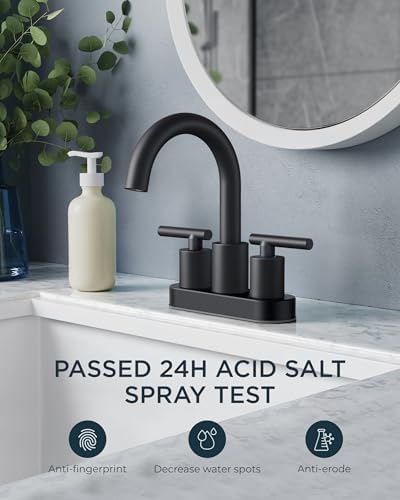FORIOUS 4 Inch Centerset Bathroom Faucet Black 2 Hole, Two Handle Matte Black Faucet for Bathroom Sink with Metal Dain, 24" Supply Line, and 360° Rotating Spout of 4" Vanity