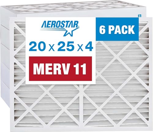 Aerostar 20x25x4 MERV 11 - 6 Count - Pleated HVAC, Furnace & Air Conditioner Filters - Removes Dust, Cold & Flu Germs, Lint, Mold, Pet Dander, Allergy-Causing Pollen, Smog & Smoke