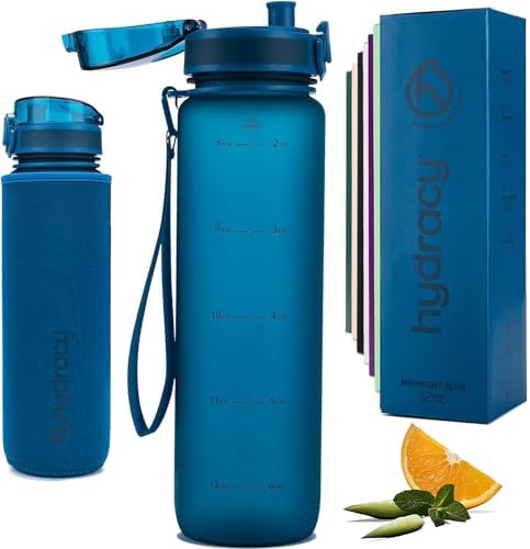 Hydracy Water Bottle with Time Marker -Large BPA Free Water Bottle & No Sweat Sleeve -Leak Proof Gym Bottle with Fruit Infuser Strainer & Times to Drink -Ideal for Fitness Sports & Outdoors