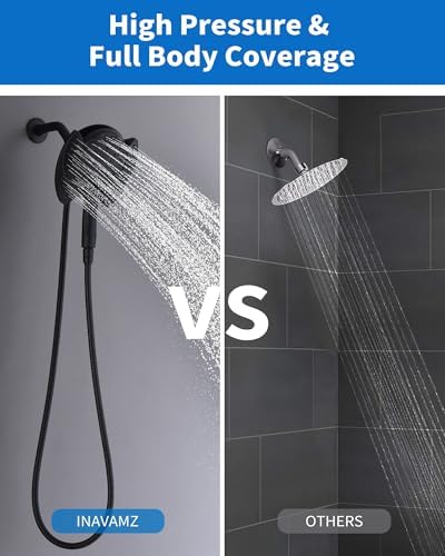 2-in-1 Shower Head with Handheld Combo: 2.5GPM Rainfall & Handheld Shower Head Use Together or Alone, 9 Spray Settings Hand Held Shower Head with Hose, Black