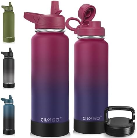 CIVAGO 40 oz Insulated Water Bottle With Straw, Stainless Steel Sports Water Flask Cup with 3 Lids (Straw, Portable Spout and Handle Lid), Double Walled Travel Thermal Canteen Mug, Dark Rainbow