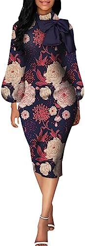 BestGirl Women's Bishop Sleeve Bodycon Dresses Work Casual Floral Print Pencil Midi Dresses