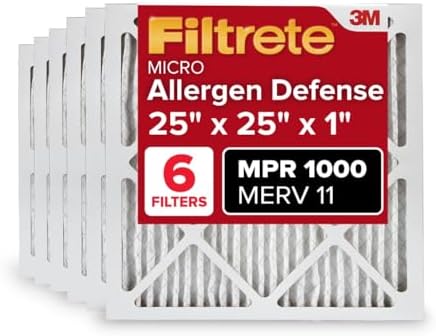 Filtrete 25x25x1 AC Furnace Air Filter, MERV 11, MPR 1000, Micro Allergen Defense, 3-Month Pleated 1-Inch Electrostatic Air Cleaning Filter, 6 Pack (Actual Size 24.81x24.81x0.81 in)