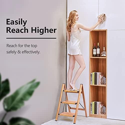 3 Step Ladder, Folding Step Stool with Anti-Slip Wide Sturdy Pedal and Handgrip, Multi-Use for Home and Kitchen Use, Space Saving-Woodgrain(300 lbs Capacity)