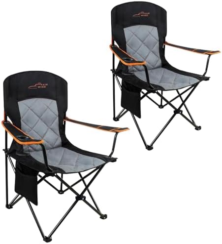 FAIR WIND 2 Pack Oversized Fully Padded Camping Chair Heavy Duty Quad Fold Arm Chair Support 350 LBS with Cup Holder, Collapsible Lumbar Back Chair Portable for Outdoor, Black